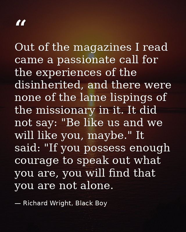 Out of the magazines I read came a passionate call for the experiences of the disinherited, and there were none of the l — Richard Wright, Black Boy