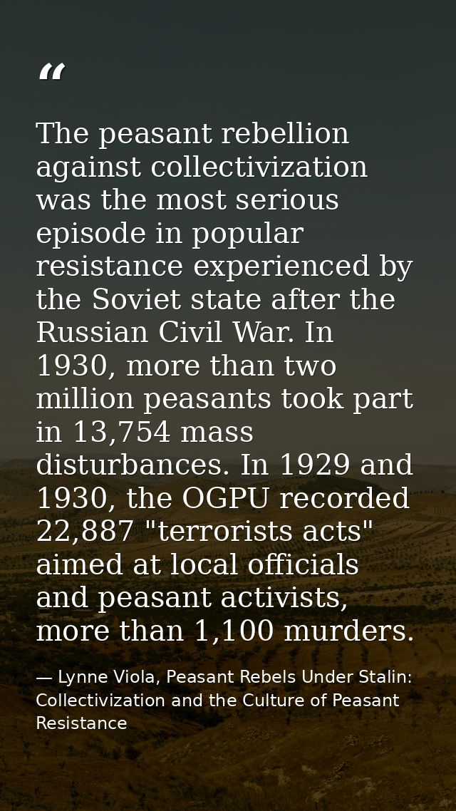 The peasant rebellion against collectivization was the most serious episode in popular resistance experienced by the Sov — Lynne Viola, Peasant Rebels Under Stalin: Collectivization and the Culture of Peasant Resistance