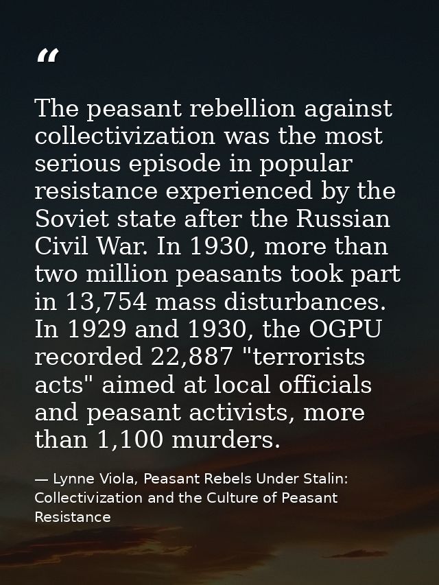 The peasant rebellion against collectivization was the most serious episode in popular resistance experienced by the Sov — Lynne Viola, Peasant Rebels Under Stalin: Collectivization and the Culture of Peasant Resistance