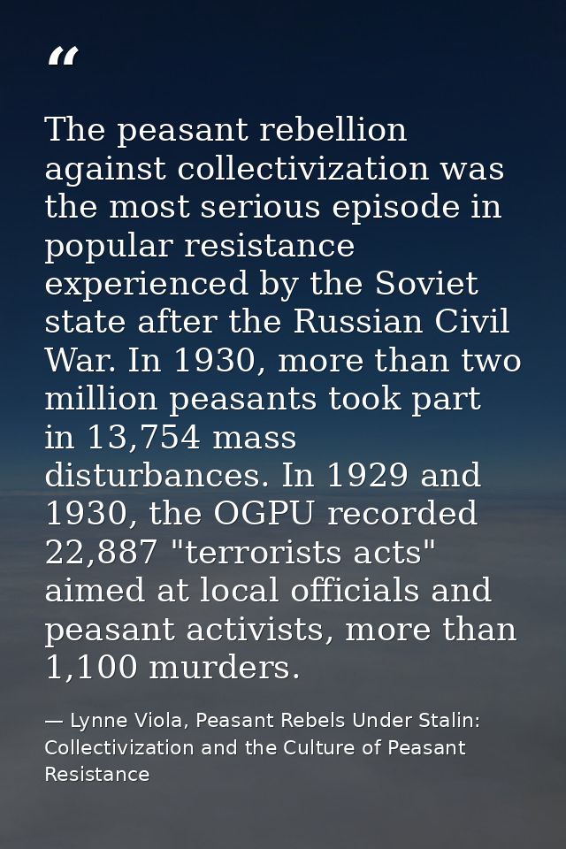 The peasant rebellion against collectivization was the most serious episode in popular resistance experienced by the Sov — Lynne Viola, Peasant Rebels Under Stalin: Collectivization and the Culture of Peasant Resistance
