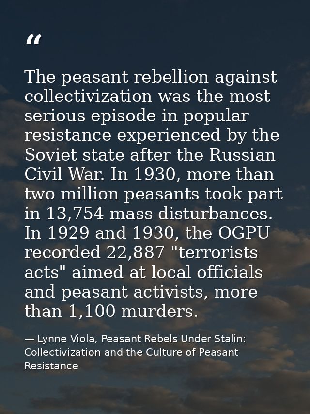 The peasant rebellion against collectivization was the most serious episode in popular resistance experienced by the Sov — Lynne Viola, Peasant Rebels Under Stalin: Collectivization and the Culture of Peasant Resistance