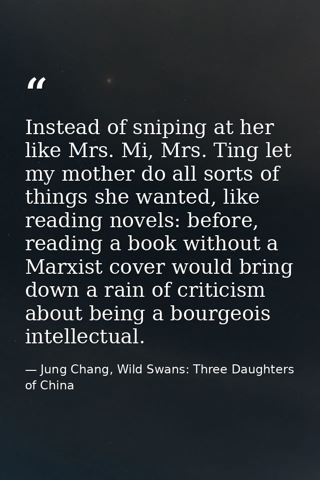 Instead of sniping at her like Mrs. Mi, Mrs. Ting let my mother do all sorts of things she wanted, like reading novels:  — Jung Chang, Wild Swans: Three Daughters of China