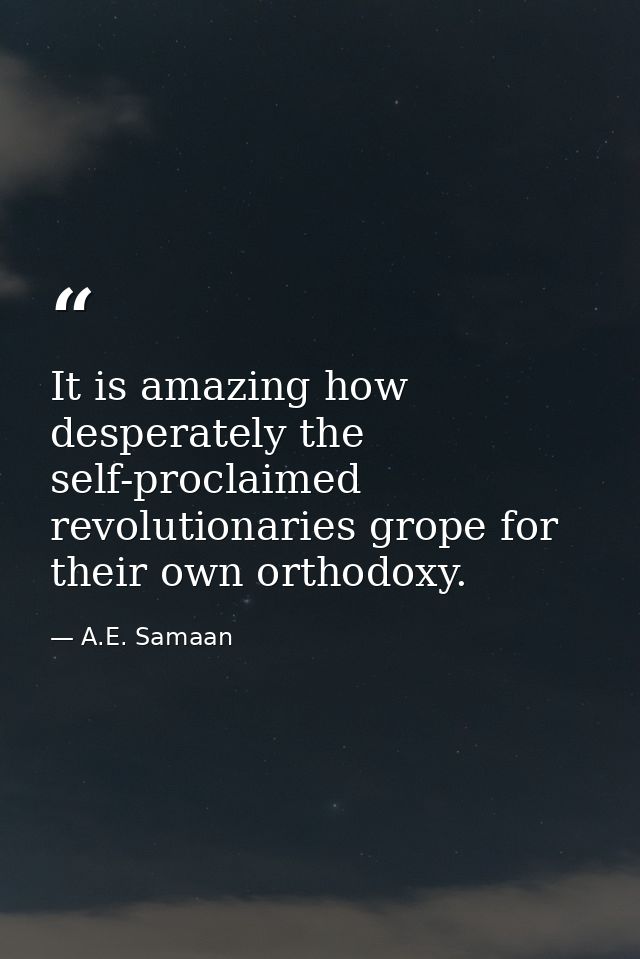 It is amazing how desperately the self-proclaimed revolutionaries grope for their own orthodoxy. — A.E. Samaan