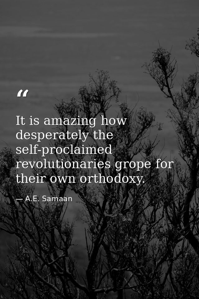 It is amazing how desperately the self-proclaimed revolutionaries grope for their own orthodoxy. — A.E. Samaan