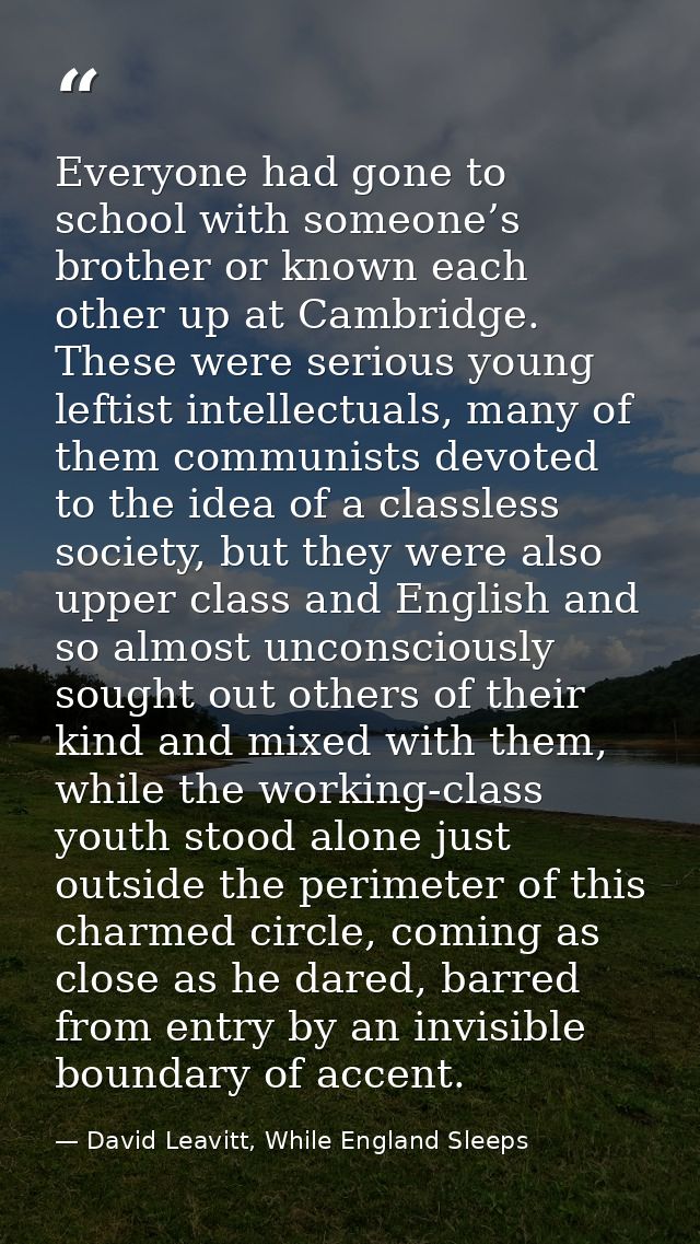 Everyone had gone to school with someone’s brother or known each other up at Cambridge. These were serious young leftist — David Leavitt, While England Sleeps