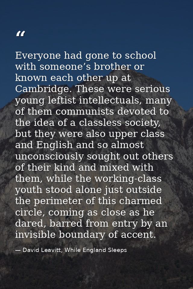Everyone had gone to school with someone’s brother or known each other up at Cambridge. These were serious young leftist — David Leavitt, While England Sleeps