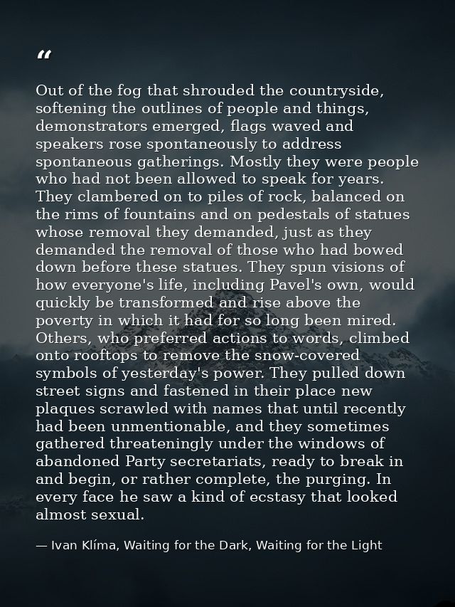 Out of the fog that shrouded the countryside, softening the outlines of people and things, demonstrators emerged, flags  — Ivan Klíma, Waiting for the Dark, Waiting for the Light
