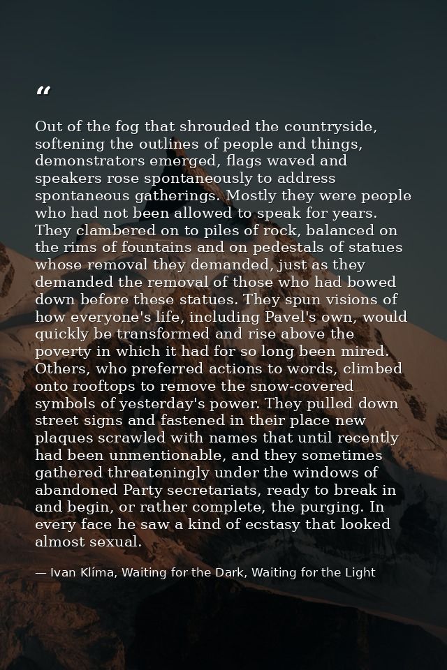 Out of the fog that shrouded the countryside, softening the outlines of people and things, demonstrators emerged, flags  — Ivan Klíma, Waiting for the Dark, Waiting for the Light