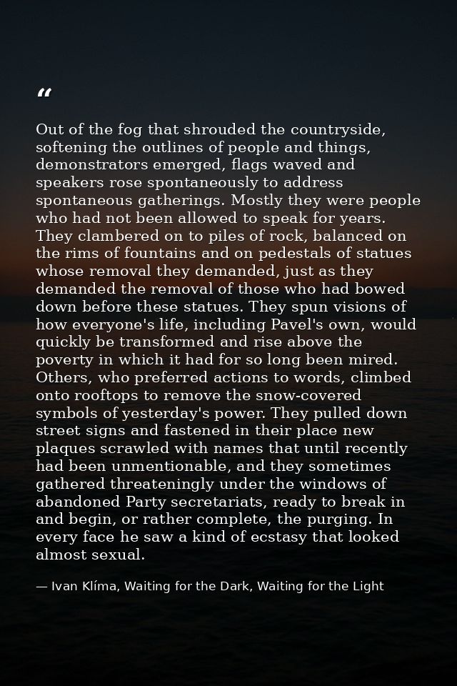 Out of the fog that shrouded the countryside, softening the outlines of people and things, demonstrators emerged, flags  — Ivan Klíma, Waiting for the Dark, Waiting for the Light