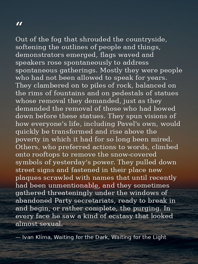 Out of the fog that shrouded the countryside, softening the outlines of people and things, demonstrators emerged, flags  — Ivan Klíma, Waiting for the Dark, Waiting for the Light
