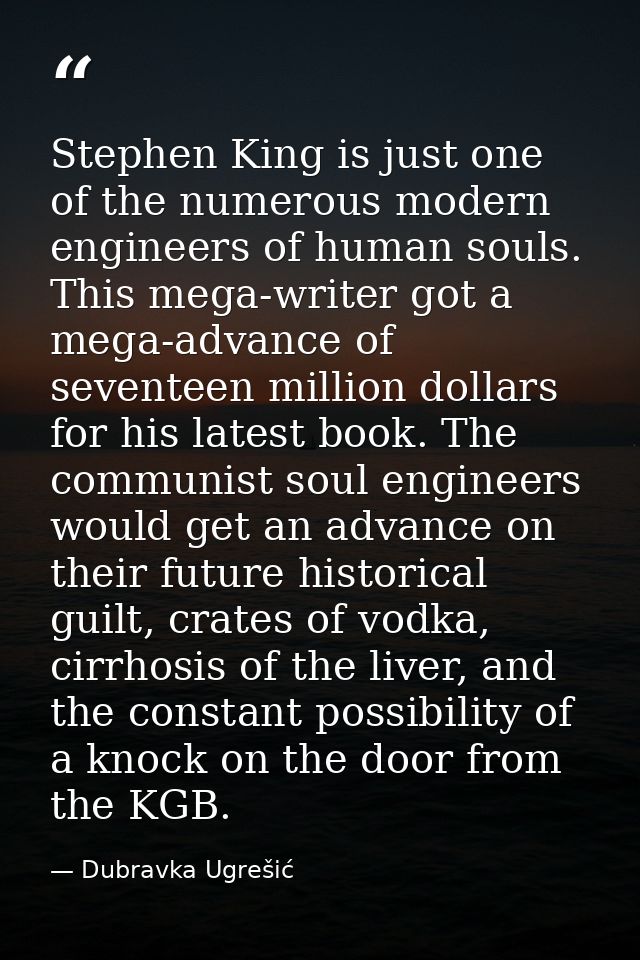 Stephen King is just one of the numerous modern engineers of human souls. This mega-writer got a mega-advance of sevente — Dubravka Ugrešić
