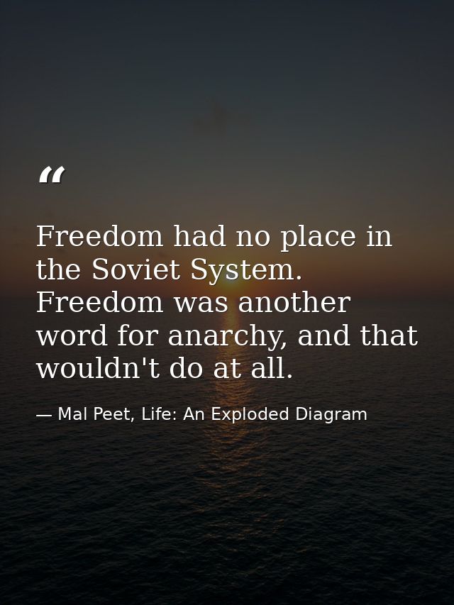 Freedom had no place in the Soviet System. Freedom was another word for anarchy, and that wouldn't do at all. — Mal Peet, Life: An Exploded Diagram