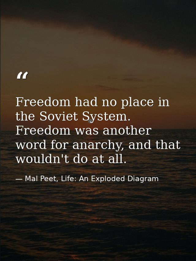 Freedom had no place in the Soviet System. Freedom was another word for anarchy, and that wouldn't do at all. — Mal Peet, Life: An Exploded Diagram