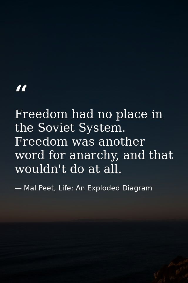 Freedom had no place in the Soviet System. Freedom was another word for anarchy, and that wouldn't do at all. — Mal Peet, Life: An Exploded Diagram