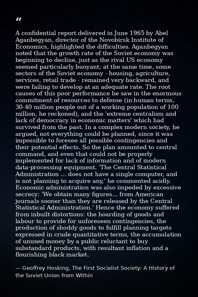 A confidential report delivered in June 1965 by Abel Aganbegyan, director of the Novobirsk Institute of Economics, highl — Geoffrey Hosking, The First Socialist Society: A History of the Soviet Union from Within