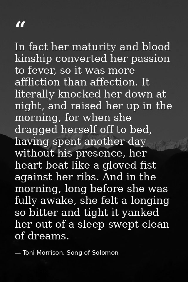 In fact her maturity and blood kinship converted her passion to fever, so it was more affliction than affection. It lite — Toni Morrison, Song of Solomon