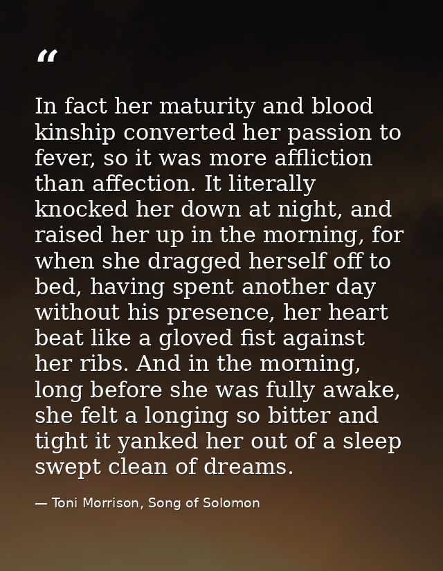 In fact her maturity and blood kinship converted her passion to fever, so it was more affliction than affection. It lite — Toni Morrison, Song of Solomon