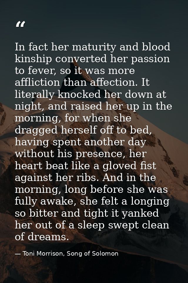 In fact her maturity and blood kinship converted her passion to fever, so it was more affliction than affection. It lite — Toni Morrison, Song of Solomon