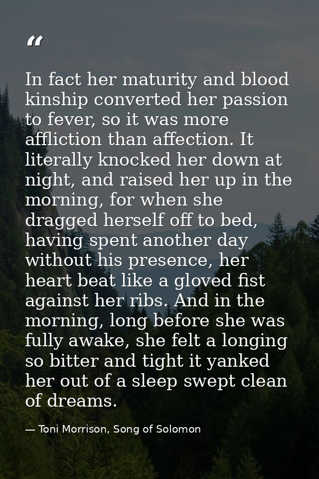 In fact her maturity and blood kinship converted her passion to fever, so it was more affliction than affection. It lite — Toni Morrison, Song of Solomon