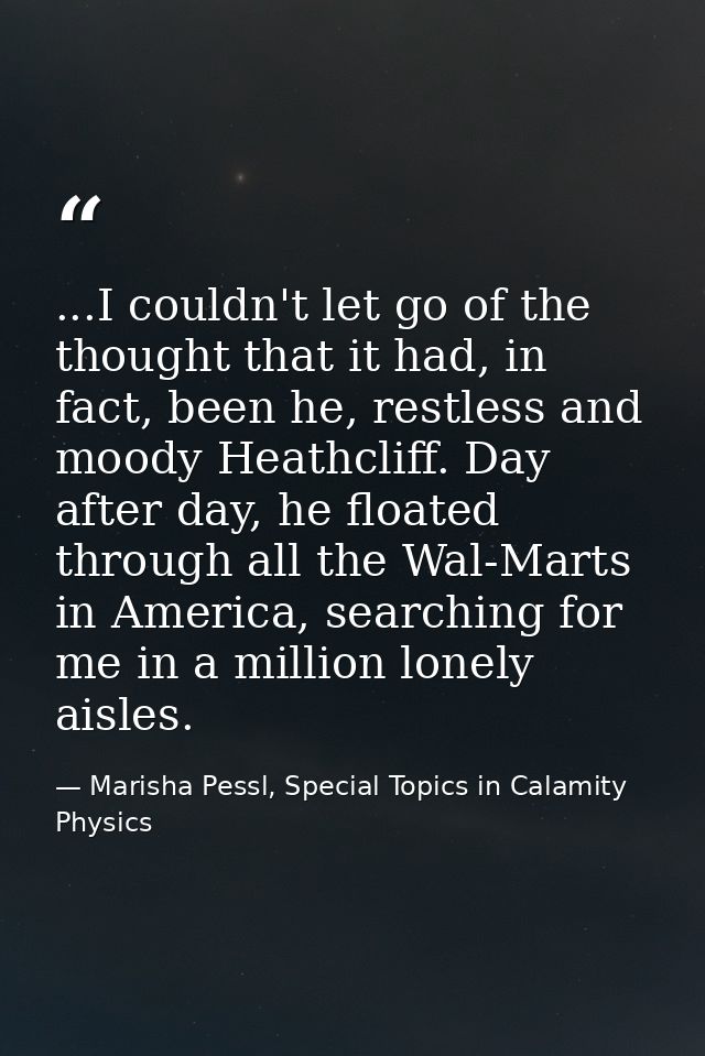 ...I couldn't let go of the thought that it had, in fact, been he, restless and moody Heathcliff. Day after day, he floa — Marisha Pessl, Special Topics in Calamity Physics