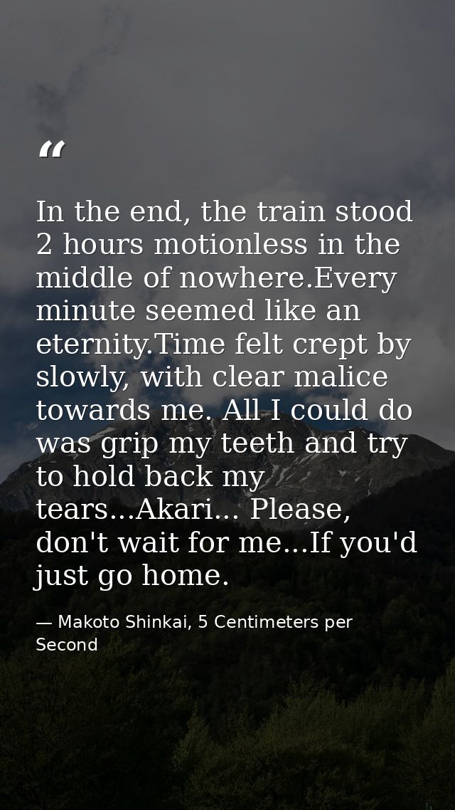 In the end, the train stood 2 hours motionless in the middle of nowhere.Every minute seemed like an eternity.Time felt c — Makoto Shinkai, 5 Centimeters per Second