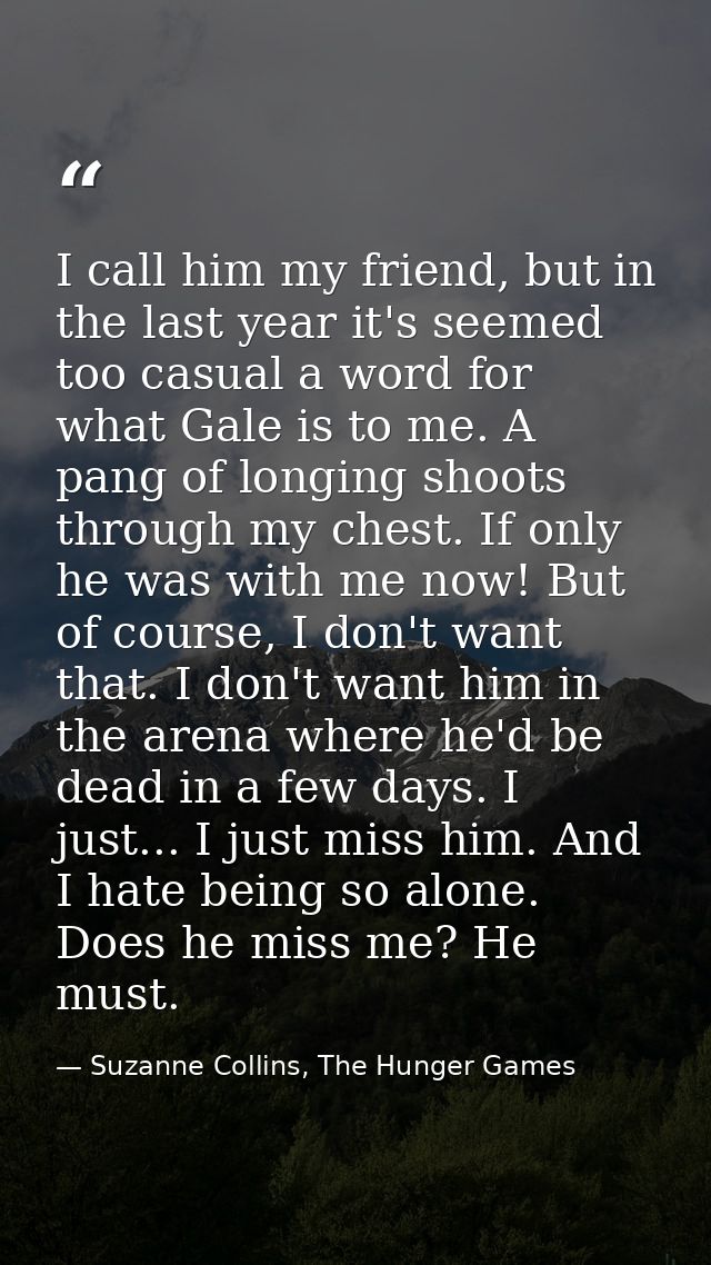I call him my friend, but in the last year it's seemed too casual a word for what Gale is to me. A pang of longing shoot — Suzanne Collins, The Hunger Games