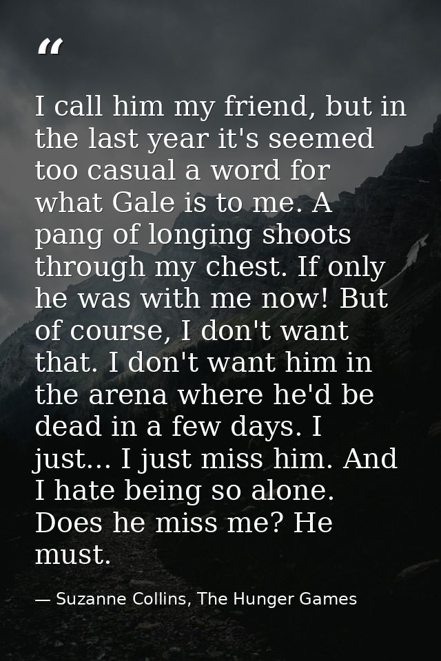 I call him my friend, but in the last year it's seemed too casual a word for what Gale is to me. A pang of longing shoot — Suzanne Collins, The Hunger Games