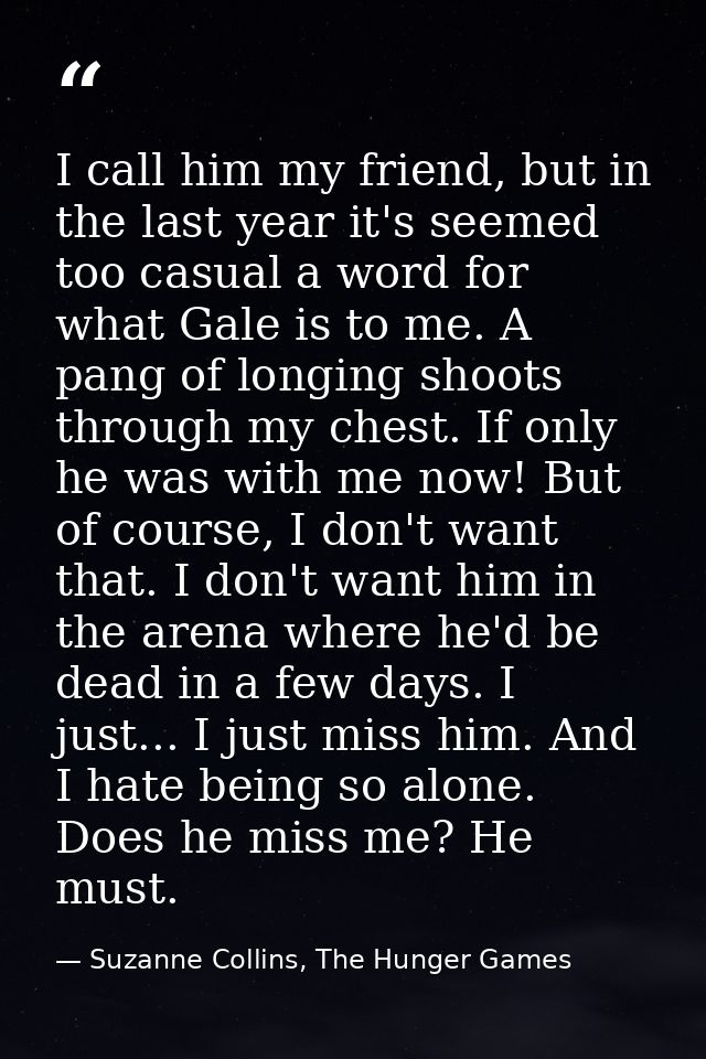 I call him my friend, but in the last year it's seemed too casual a word for what Gale is to me. A pang of longing shoot — Suzanne Collins, The Hunger Games