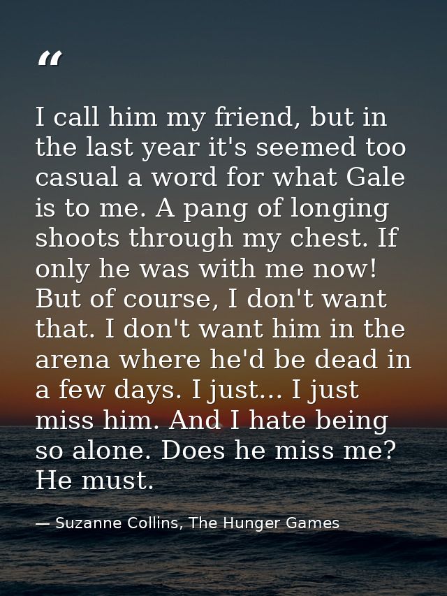 I call him my friend, but in the last year it's seemed too casual a word for what Gale is to me. A pang of longing shoot — Suzanne Collins, The Hunger Games