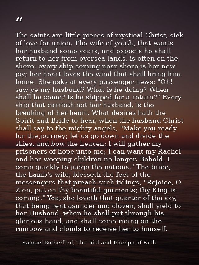 The saints are little pieces of mystical Christ, sick of love for union. The wife of youth, that wants her husband some  — Samuel Rutherford, The Trial and Triumph of Faith