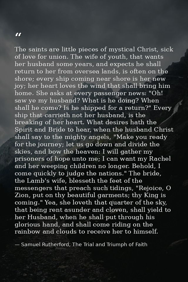 The saints are little pieces of mystical Christ, sick of love for union. The wife of youth, that wants her husband some  — Samuel Rutherford, The Trial and Triumph of Faith
