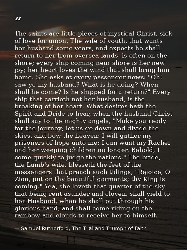The saints are little pieces of mystical Christ, sick of love for union. The wife of youth, that wants her husband some  — Samuel Rutherford, The Trial and Triumph of Faith