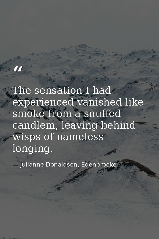 The sensation I had experienced vanished like smoke from a snuffed candlem, leaving behind wisps of nameless longing. — Julianne Donaldson, Edenbrooke