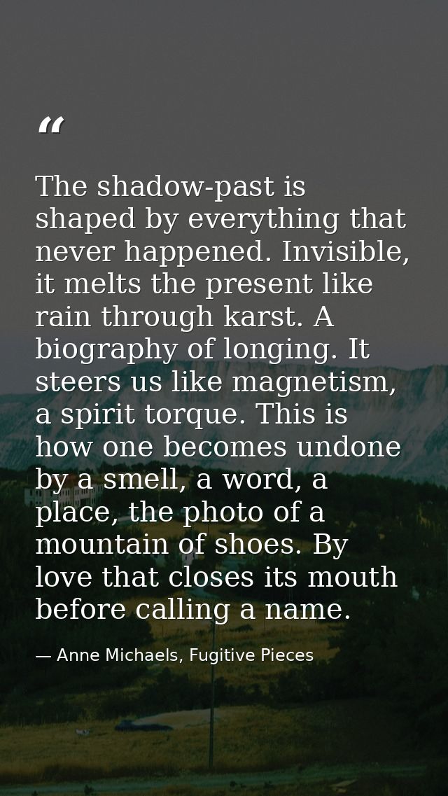 The shadow-past is shaped by everything that never happened. Invisible, it melts the present like rain through karst. A  — Anne Michaels, Fugitive Pieces
