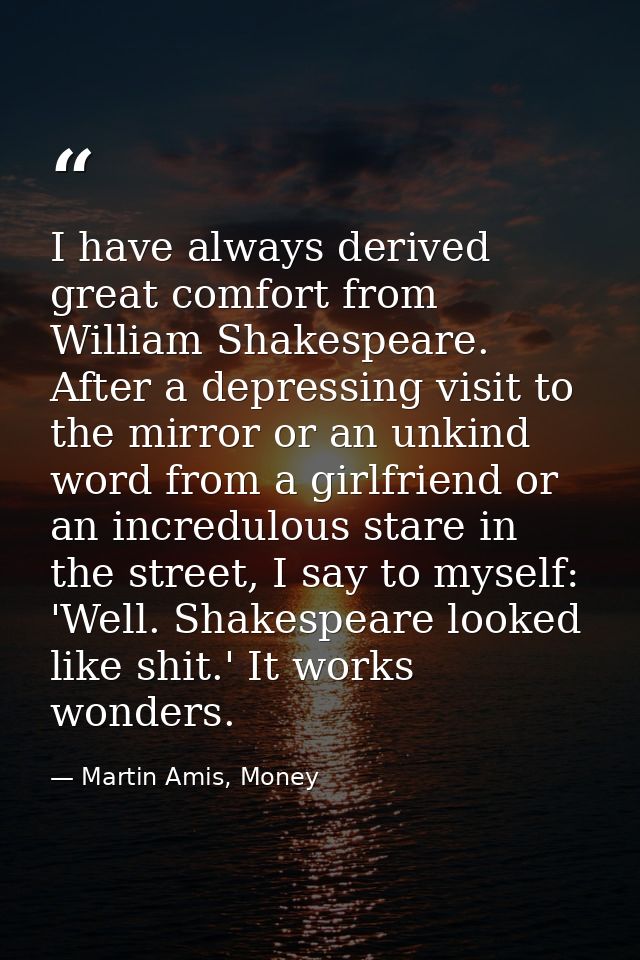 I have always derived great comfort from William Shakespeare. After a depressing visit to the mirror or an unkind word f — Martin Amis, Money