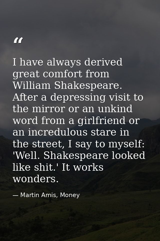 I have always derived great comfort from William Shakespeare. After a depressing visit to the mirror or an unkind word f — Martin Amis, Money