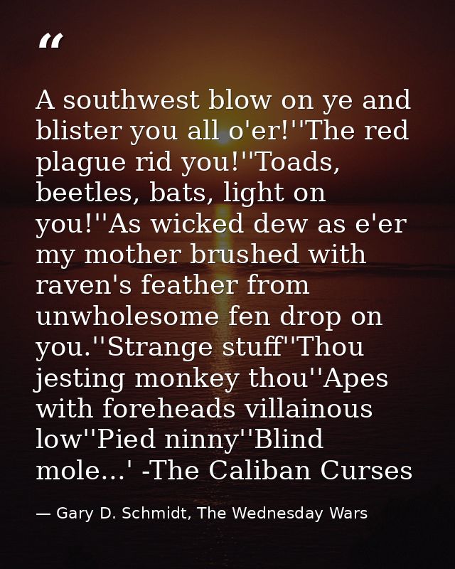 A southwest blow on ye and blister you all o'er!''The red plague rid you!''Toads, beetles, bats, light on you!''As wicke — Gary D. Schmidt, The Wednesday Wars