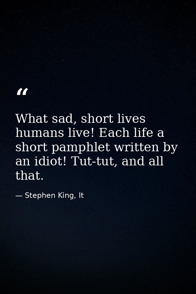 What sad, short lives humans live! Each life a short pamphlet written by an idiot! Tut-tut, and all that. — Stephen King, It