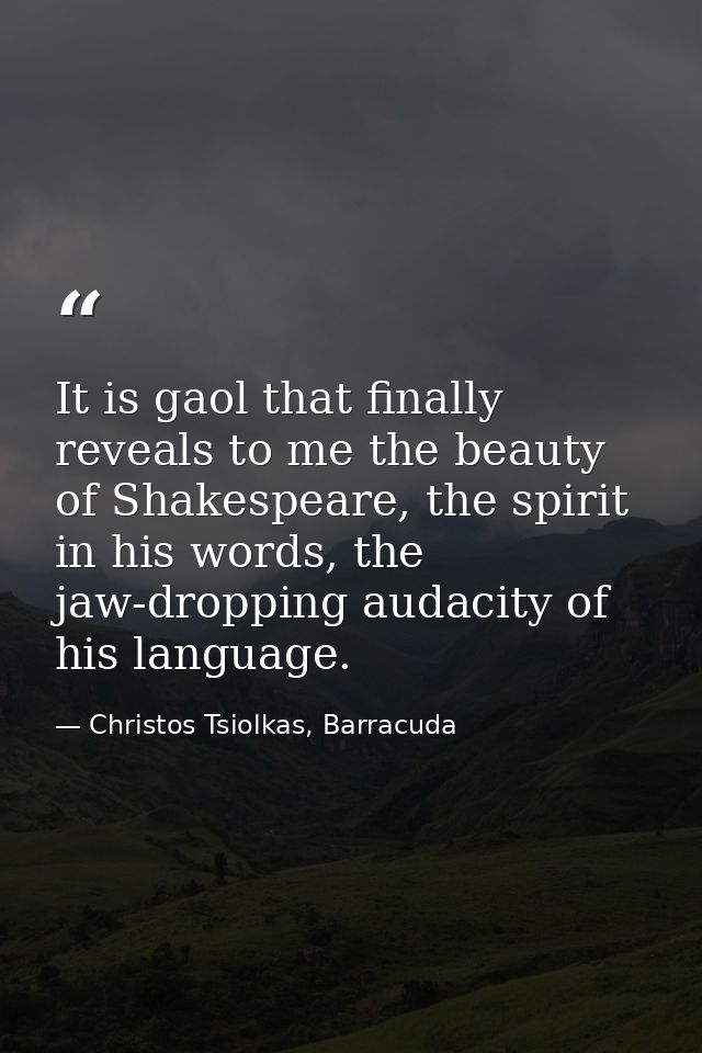 It is gaol that finally reveals to me the beauty of Shakespeare, the spirit in his words, the jaw-dropping audacity of h — Christos Tsiolkas, Barracuda