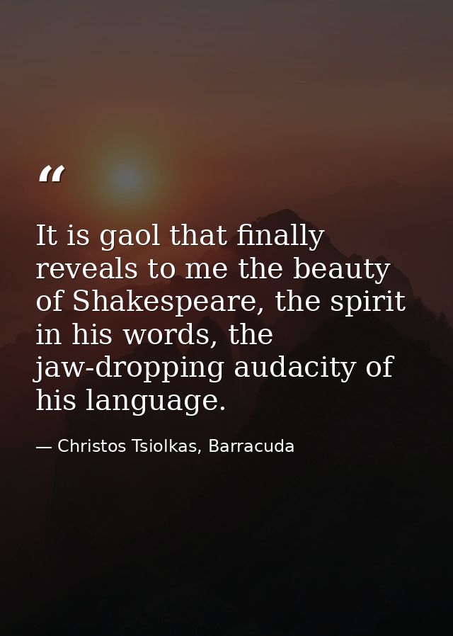 It is gaol that finally reveals to me the beauty of Shakespeare, the spirit in his words, the jaw-dropping audacity of h — Christos Tsiolkas, Barracuda