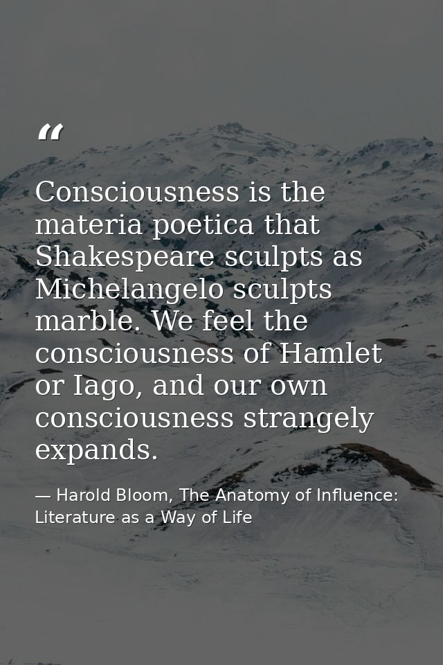 Consciousness is the materia poetica that Shakespeare sculpts as Michelangelo sculpts marble. We feel the consciousness  — Harold Bloom, The Anatomy of Influence: Literature as a Way of Life