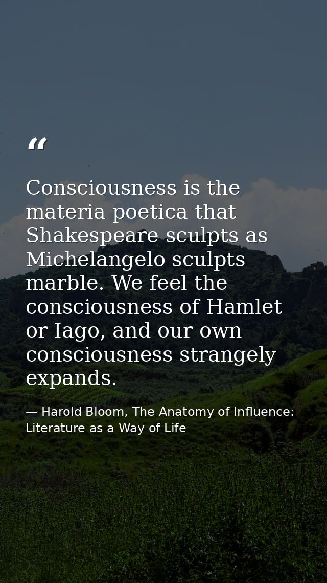 Consciousness is the materia poetica that Shakespeare sculpts as Michelangelo sculpts marble. We feel the consciousness  — Harold Bloom, The Anatomy of Influence: Literature as a Way of Life