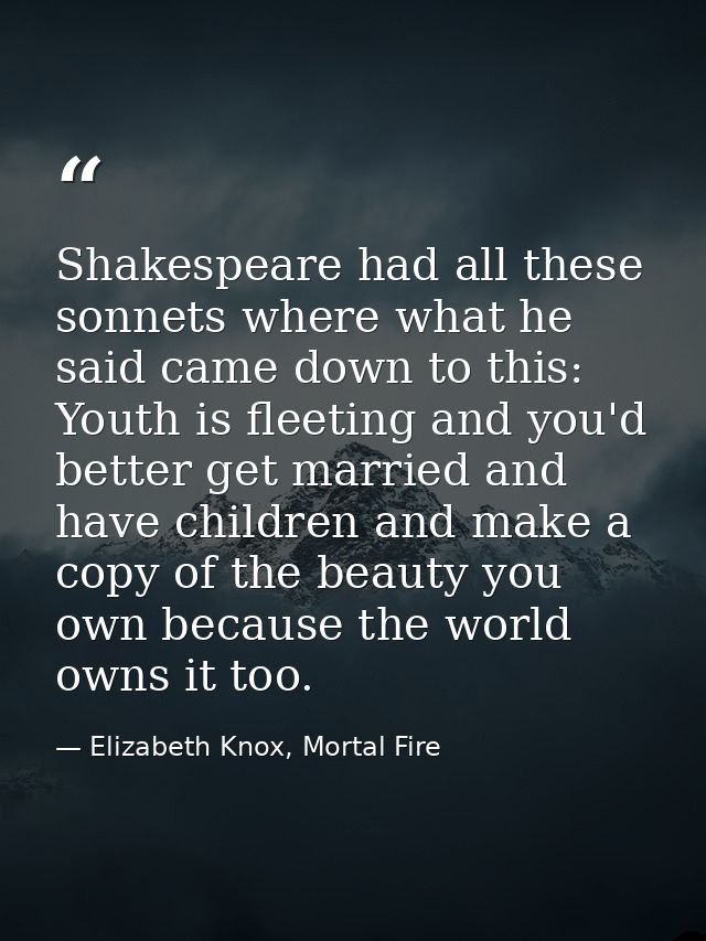 Shakespeare had all these sonnets where what he said came down to this: Youth is fleeting and you'd better get married a — Elizabeth Knox, Mortal Fire