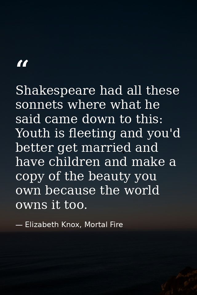 Shakespeare had all these sonnets where what he said came down to this: Youth is fleeting and you'd better get married a — Elizabeth Knox, Mortal Fire