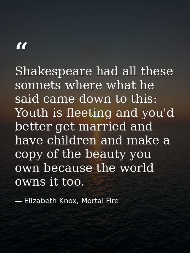 Shakespeare had all these sonnets where what he said came down to this: Youth is fleeting and you'd better get married a — Elizabeth Knox, Mortal Fire