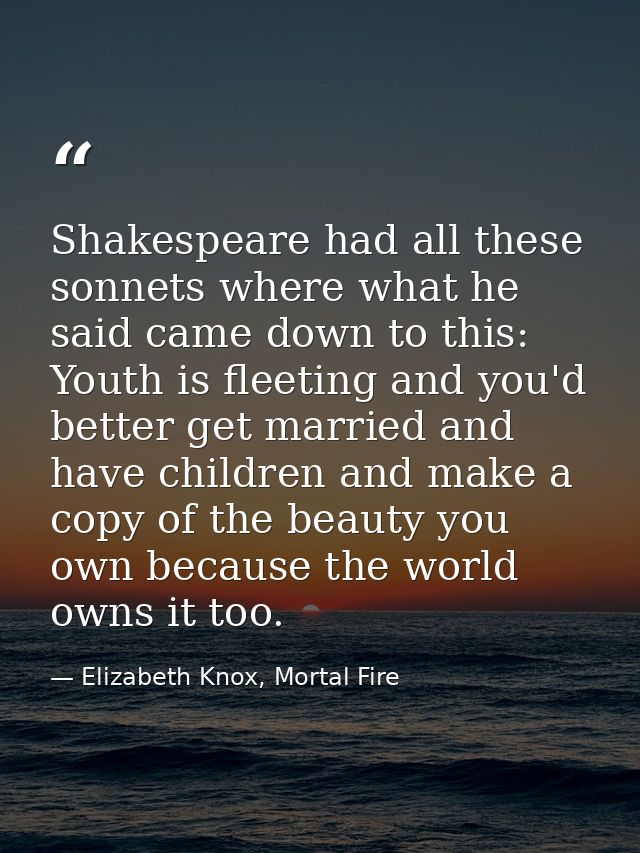 Shakespeare had all these sonnets where what he said came down to this: Youth is fleeting and you'd better get married a — Elizabeth Knox, Mortal Fire