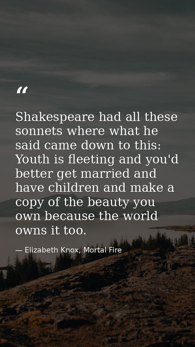 Shakespeare had all these sonnets where what he said came down to this: Youth is fleeting and you'd better get married a — Elizabeth Knox, Mortal Fire