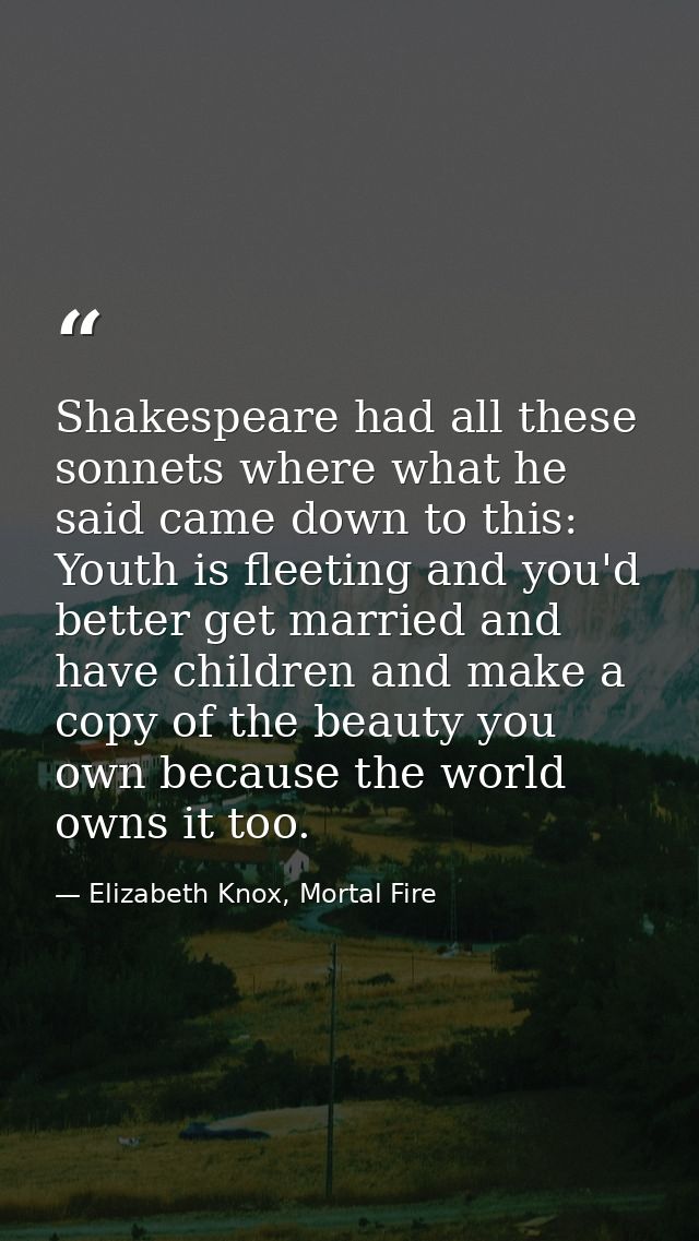 Shakespeare had all these sonnets where what he said came down to this: Youth is fleeting and you'd better get married a — Elizabeth Knox, Mortal Fire