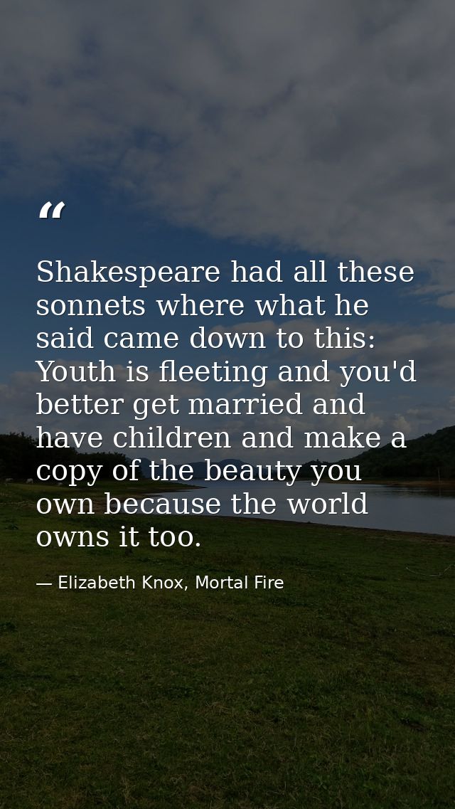 Shakespeare had all these sonnets where what he said came down to this: Youth is fleeting and you'd better get married a — Elizabeth Knox, Mortal Fire