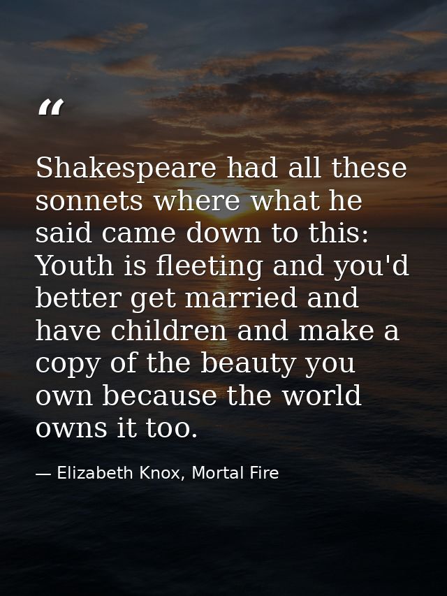Shakespeare had all these sonnets where what he said came down to this: Youth is fleeting and you'd better get married a — Elizabeth Knox, Mortal Fire